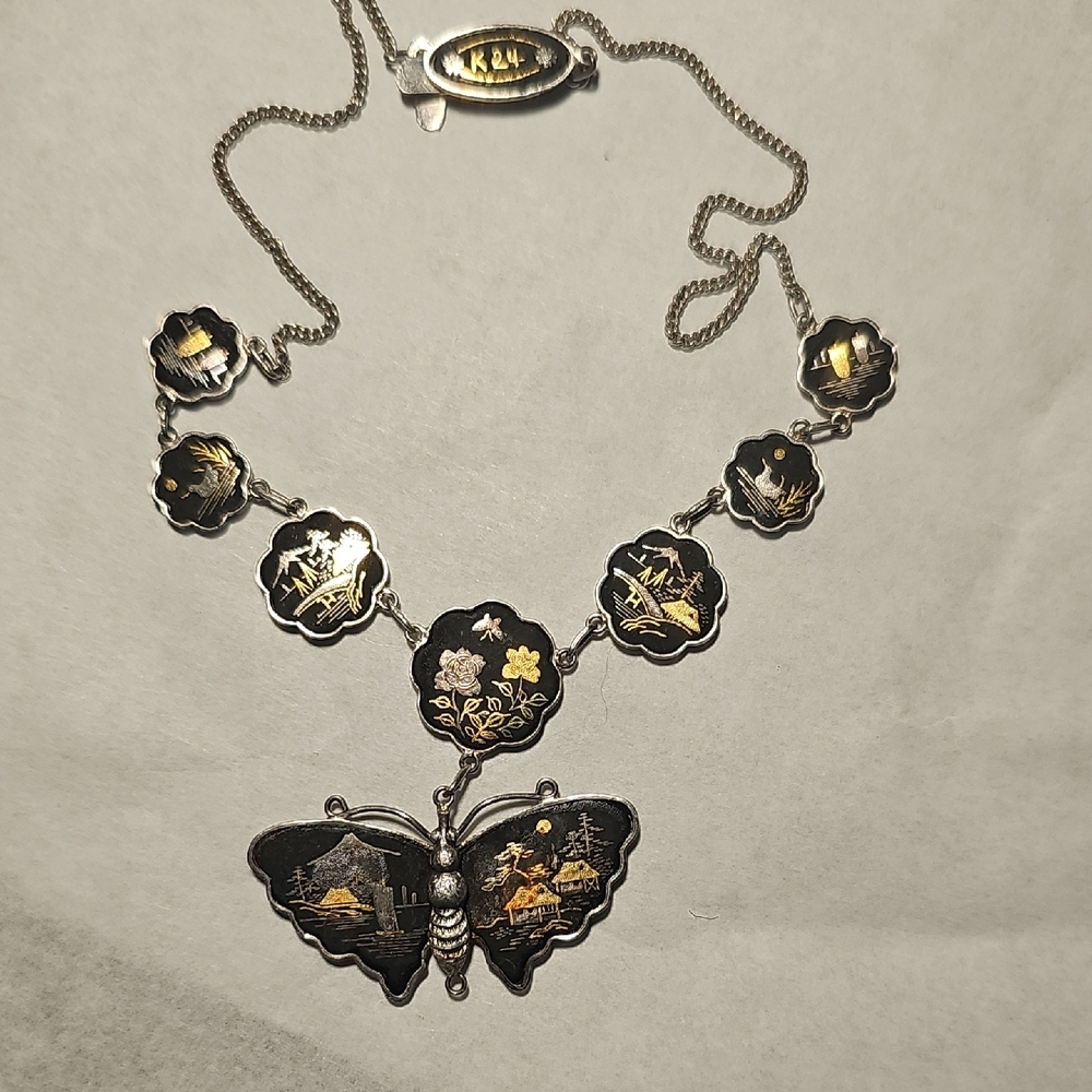 24k Jananese Signed Dramascene Necklace And Bracelet Unique